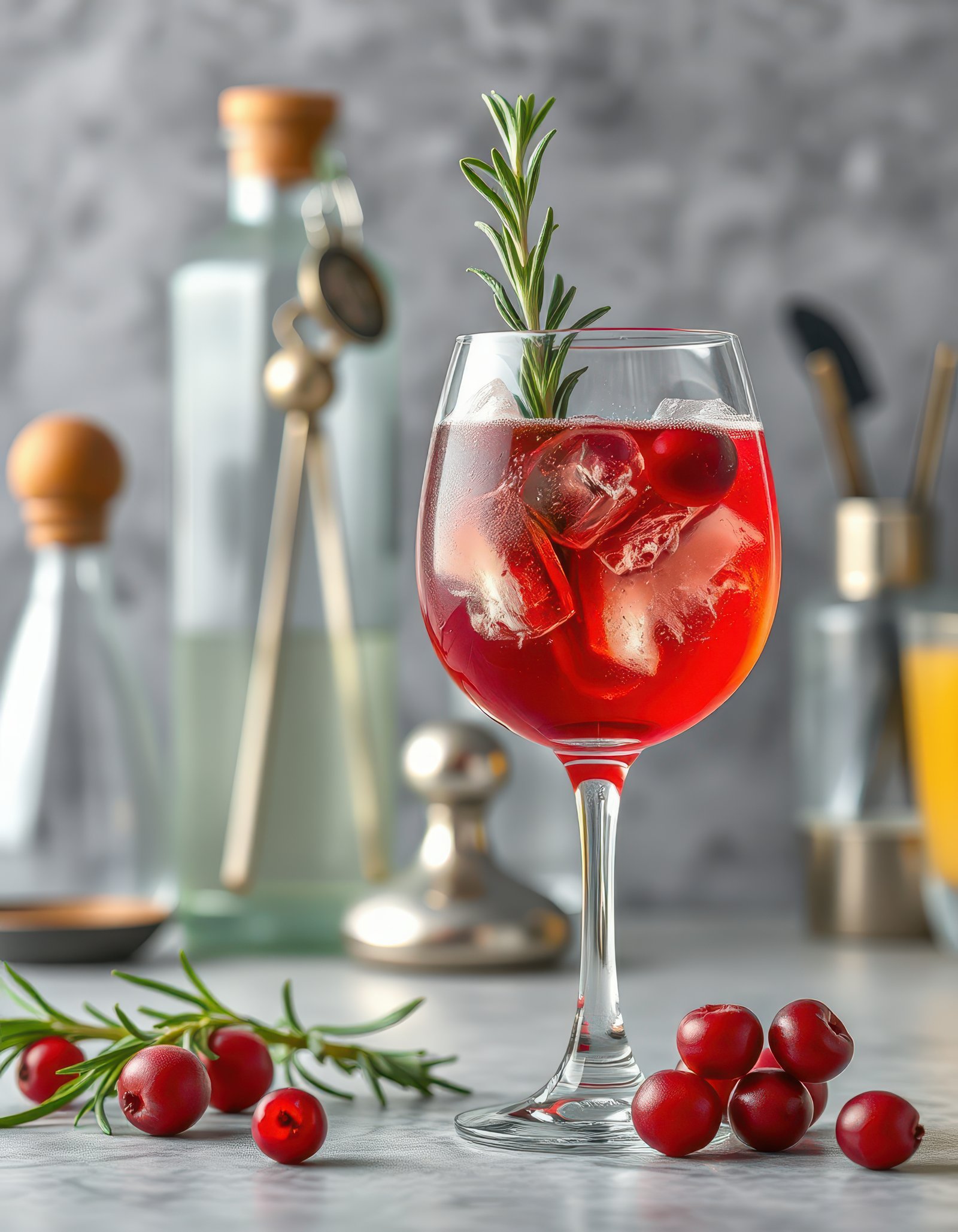 A refreshing drink with cranberries and rosemary in a wine glass, perfect for a warm day